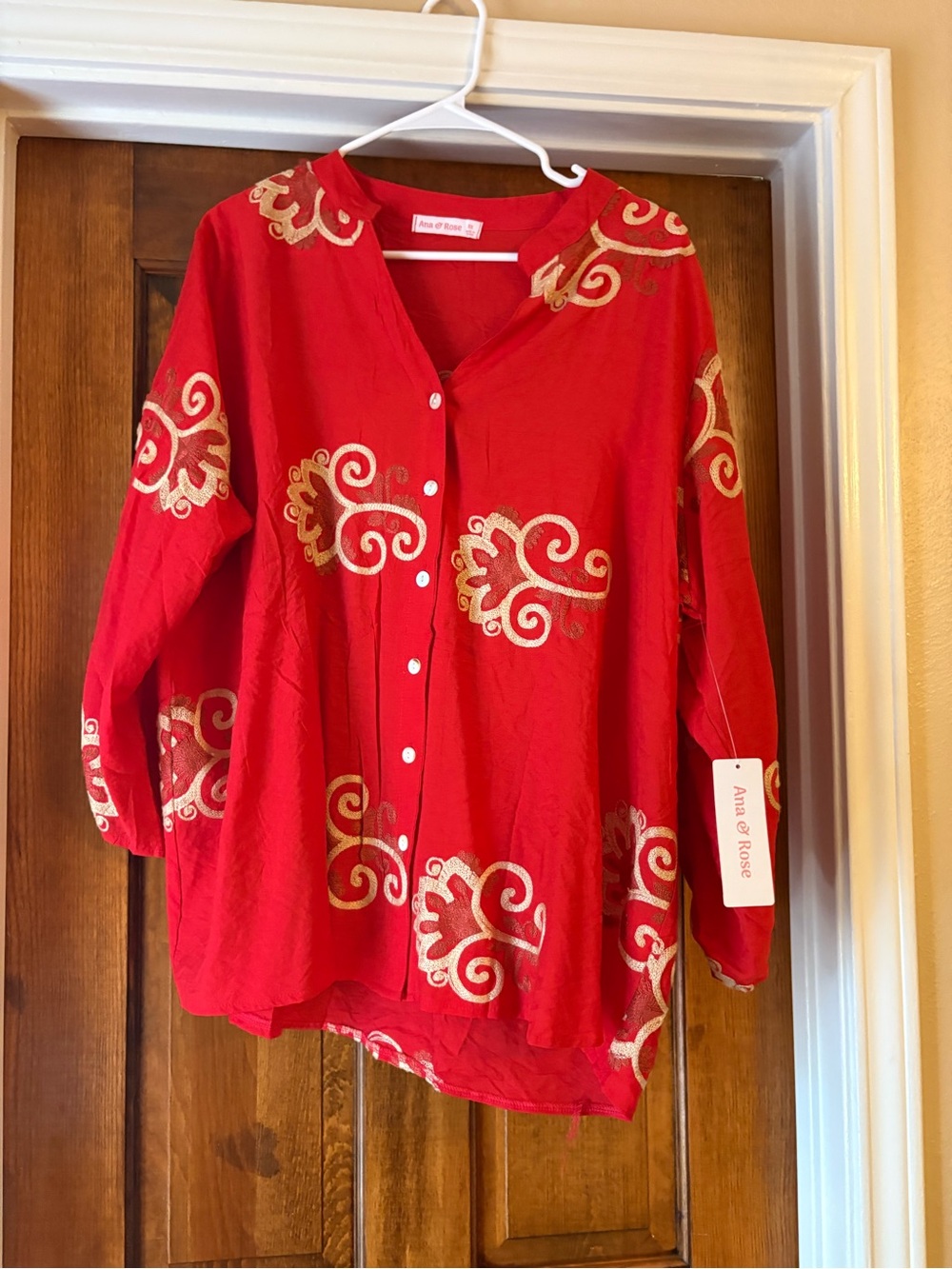 Red Button-Front Tunic with Gold Embroidery